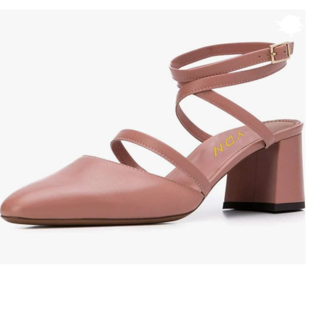 YDN Pink Strappy Pointed Closed Toe Sandals Block Heel Buckled Ankle Strap Pumps